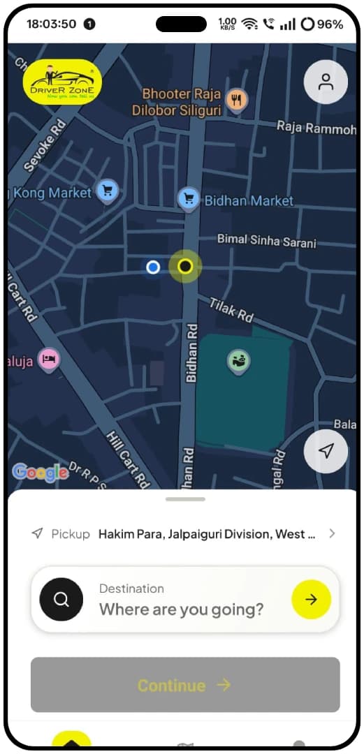 DriverZone customer app — choose pickup and drop location