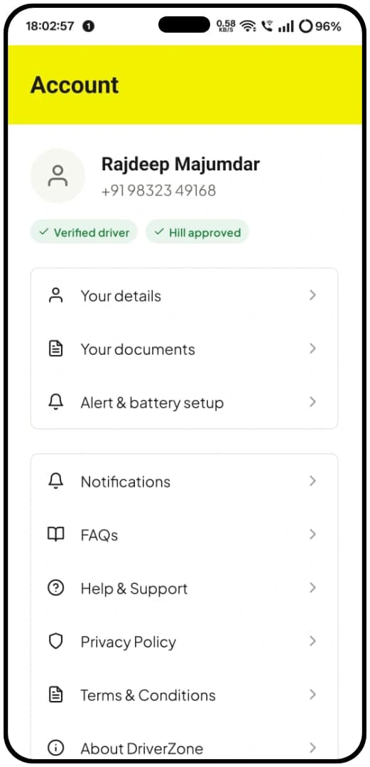 DriverZone driver app — driver profile and document status