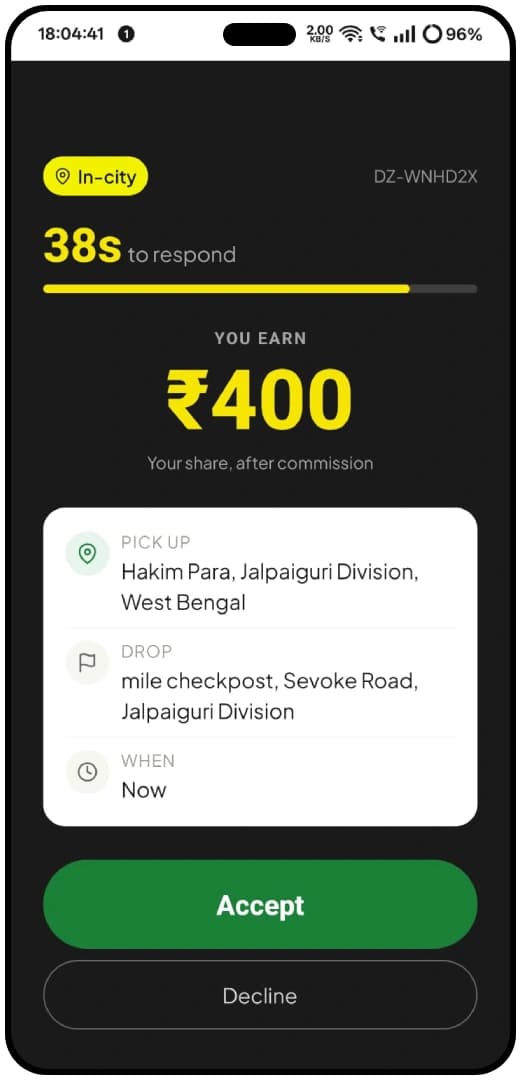 DriverZone driver app — trip details and pickup location