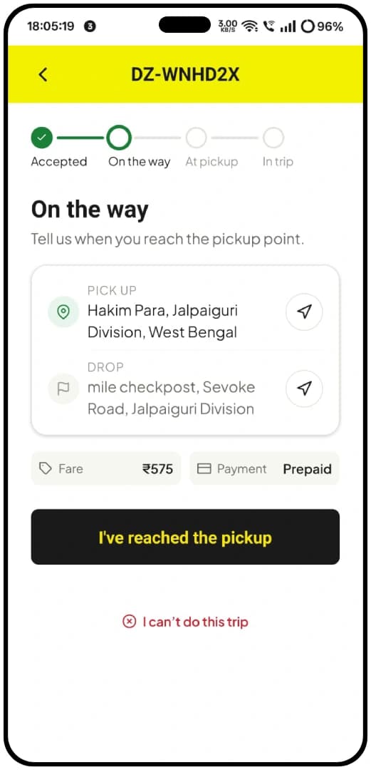 DriverZone driver app — navigation to customer pickup point