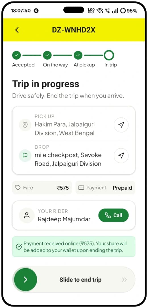 DriverZone driver app — trip completion and earnings summary