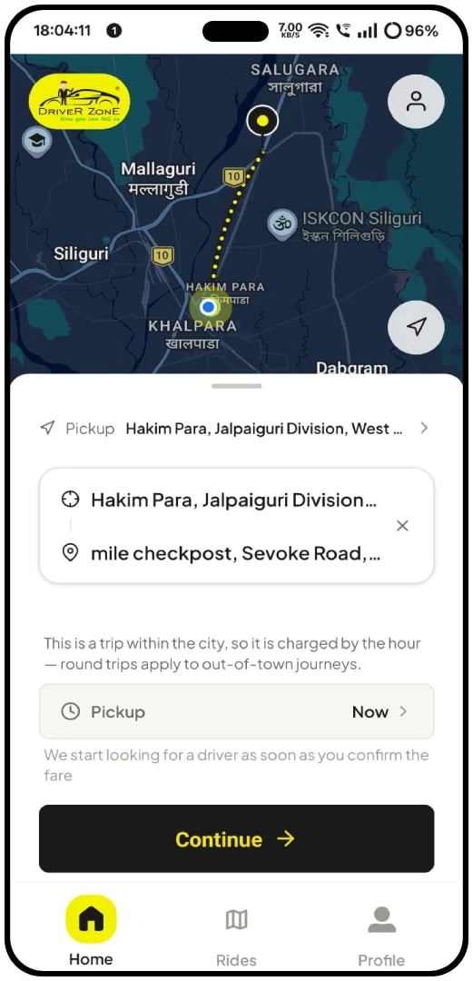 DriverZone customer app — available drivers near you