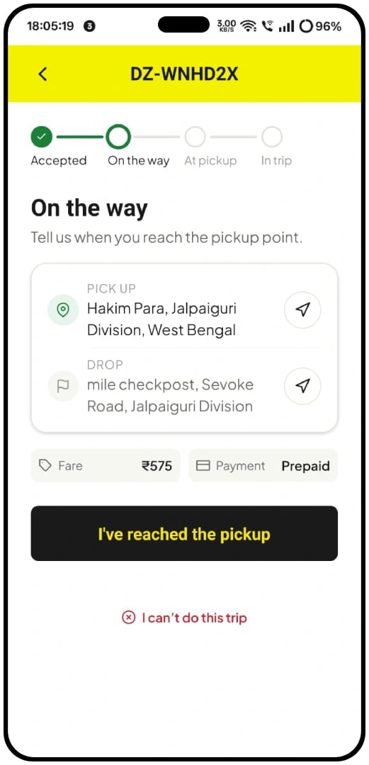 DriverZone driver app — navigation to customer pickup point